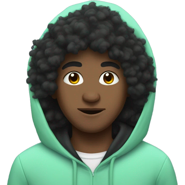 Person with black fluffy hair and minty hoodie emoji