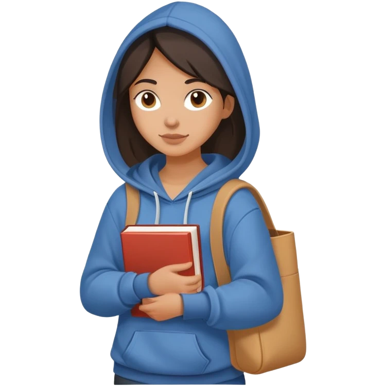 A flat-style illustration of a woman college student with a tote bag over her shoulder and a book in one hand. The student wears a hoodie. Clean cartoon style, white background, iOS emoji aesthetic. emoji