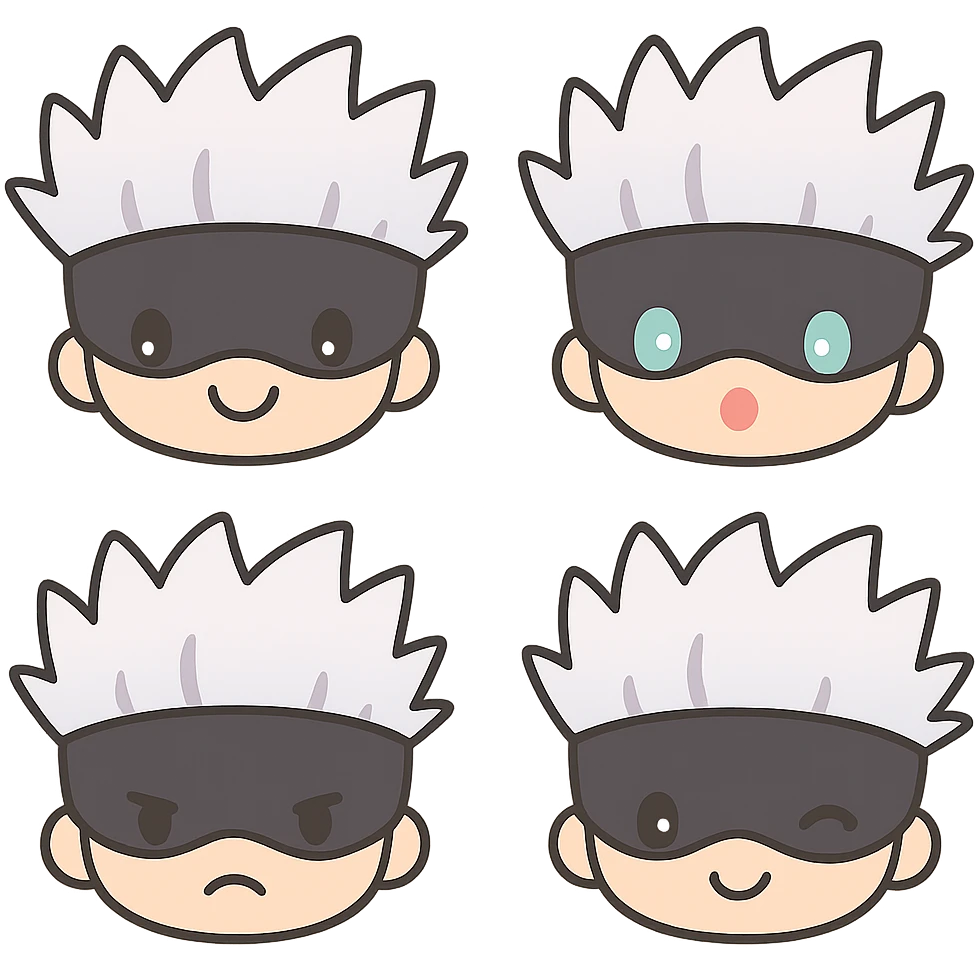 Create four different emojis of Satoru Gojo in a cute kawaii style with transparent background. Vary the facial expressions as happy, surprised, angry, and winking, while keeping the overall cute style consistent. emoji