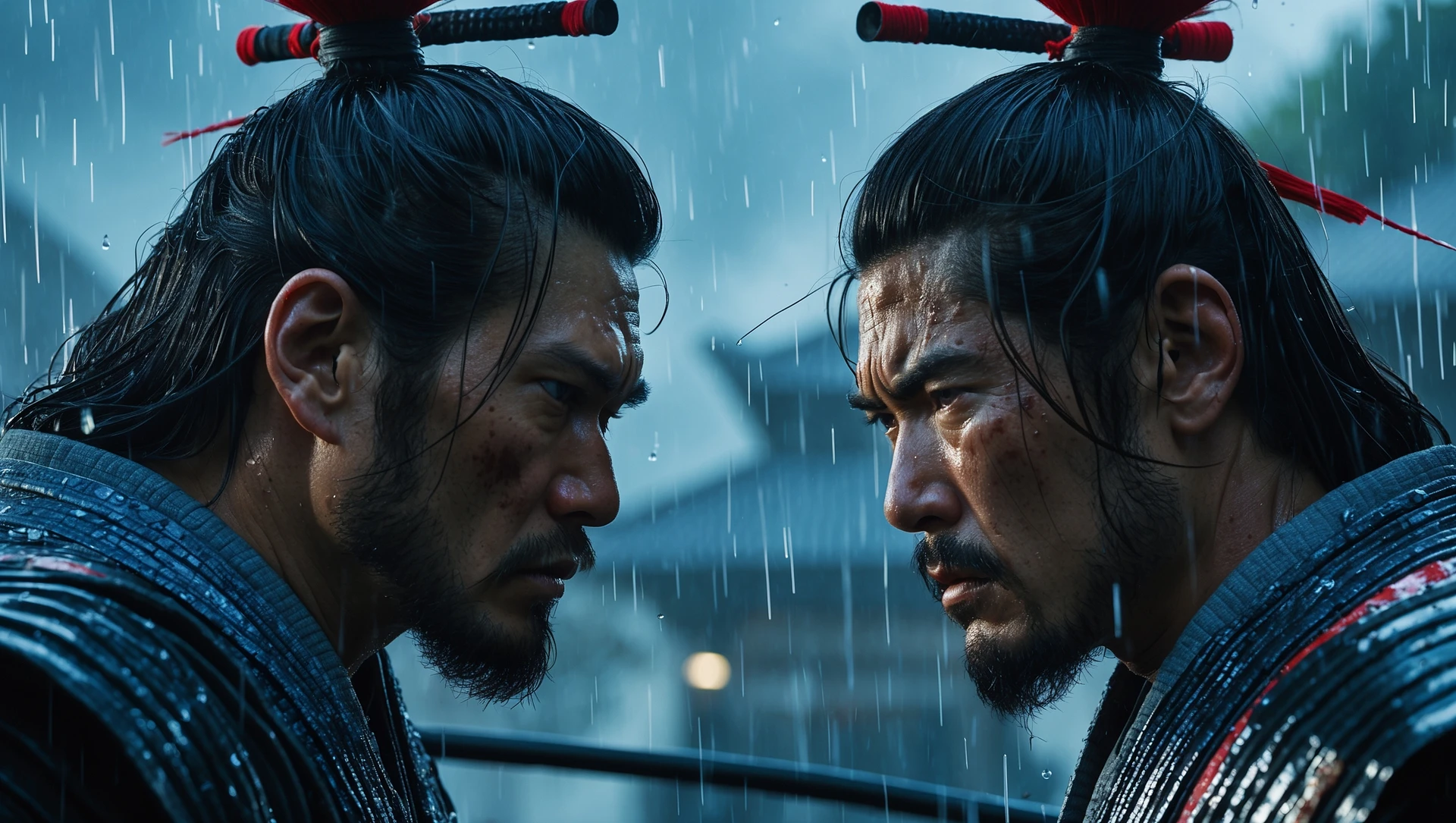 A cinematic scane of a two japan samurai face to face ready to fight during rain, Medium shot, deph composition, tense atmosphere, shot by arri alexa emoji