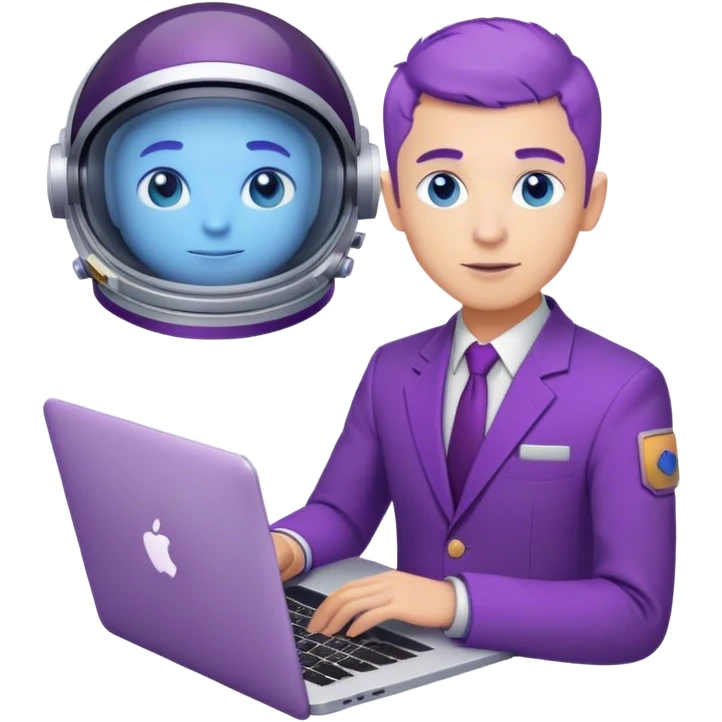 guy astronaut with purple suit, blue eyes, short purple hair and one macbook emoji