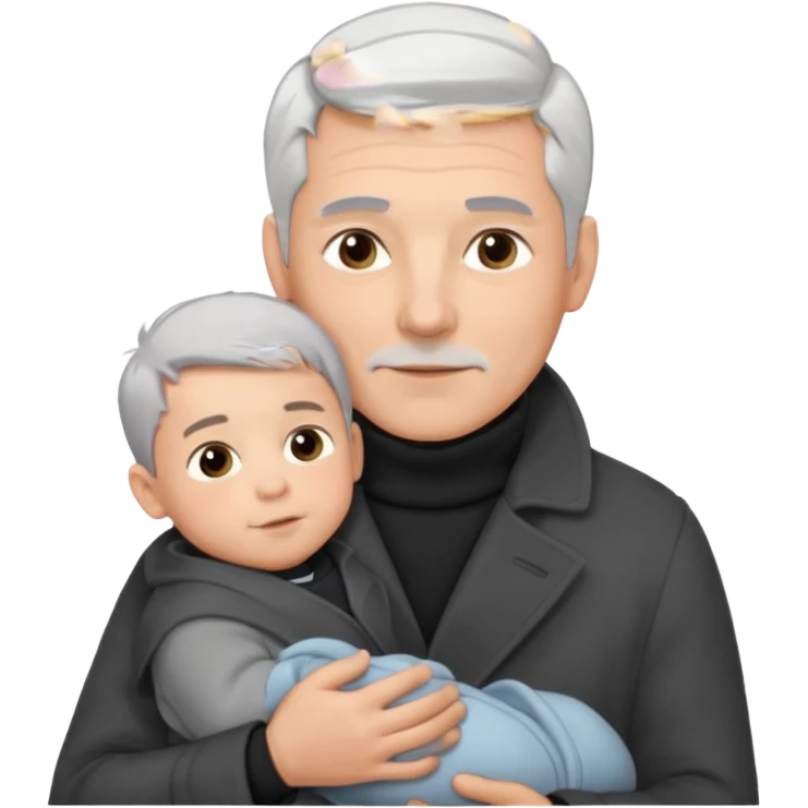 A father with silver-grey hair styled neatly and a clean-shaven face, wearing a dark turtleneck and wool coat, holding his baby emoji