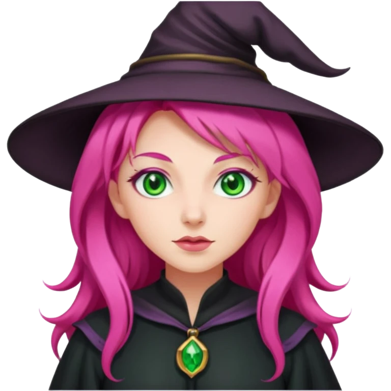 Witch with long bright pink hair and green eyes  emoji