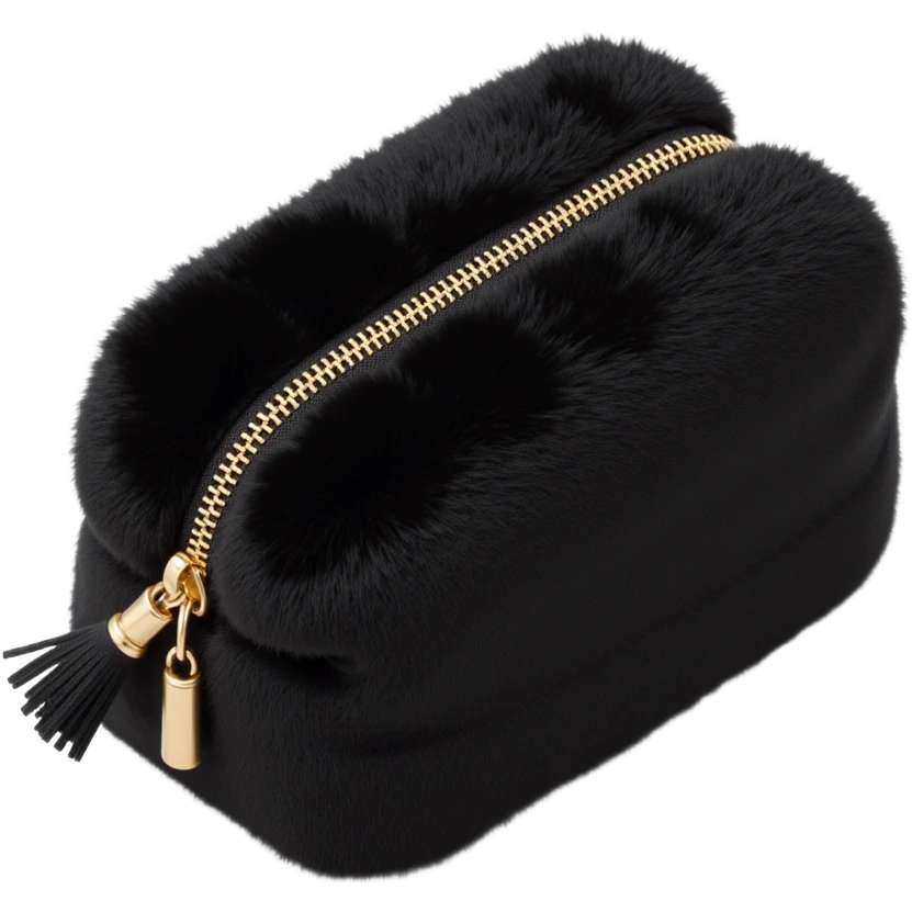 black fluffy faux fur cosmetics bag emoji