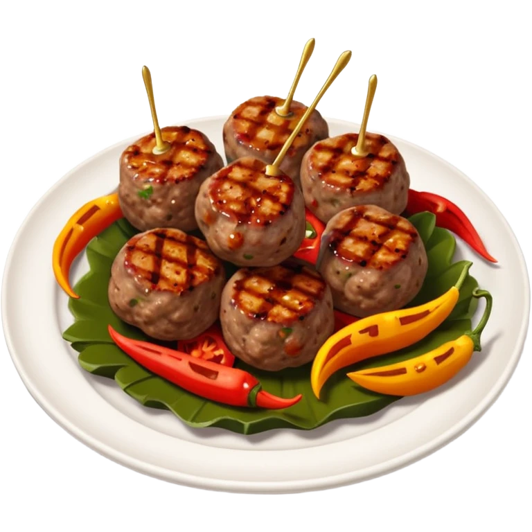 Akçaabat meatballs object icon, grilled Turkish kofte pieces on a plate, smoky char marks, juicy texture, served with grilled peppers and tomatoes, 3D cartoon, mobile game icon style, centered, clean background, no text, no watermark
 emoji