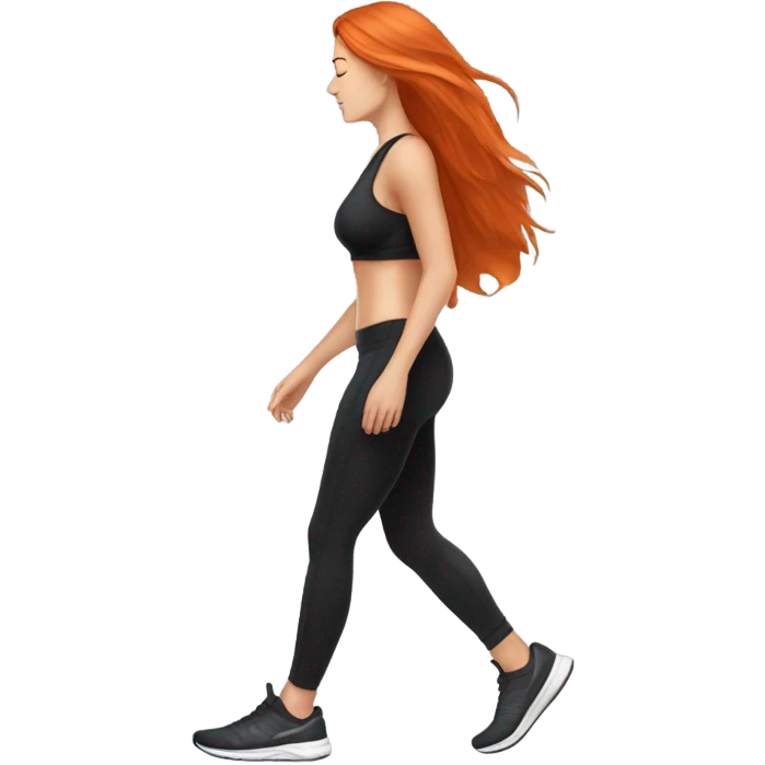 beautiful fair skin red orange long hair white girl cardio black leggings black top beautiful girly full body workout walking headphones side profile emoji