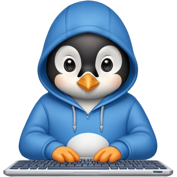 A cute penguin wearing a blue hoodie typing intensely on a laptop keyboard emoji