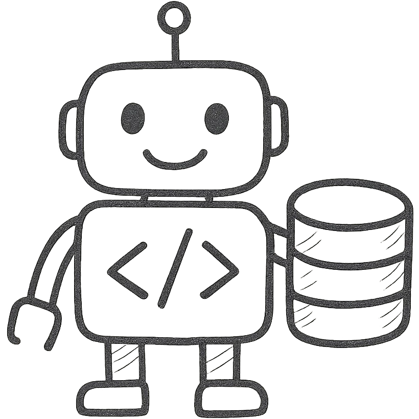 hand-drawn outlined icon of a friendly robot with a code snippet and database cylinder emoji