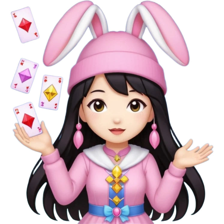 pixel art chibi gear asian girl with dark long hair in pink bunny ears hat magical girl with kawaii tarot cards thrown in air pixel emoji emoji