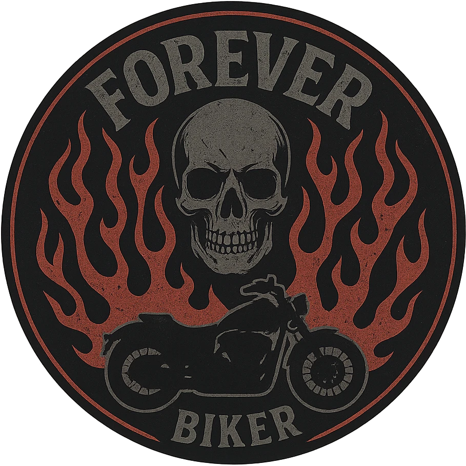circular transparent background design for motorcycle cap, text 'FOREVER BIKER', motif: flame, motorcycle, skull, dark style emoji