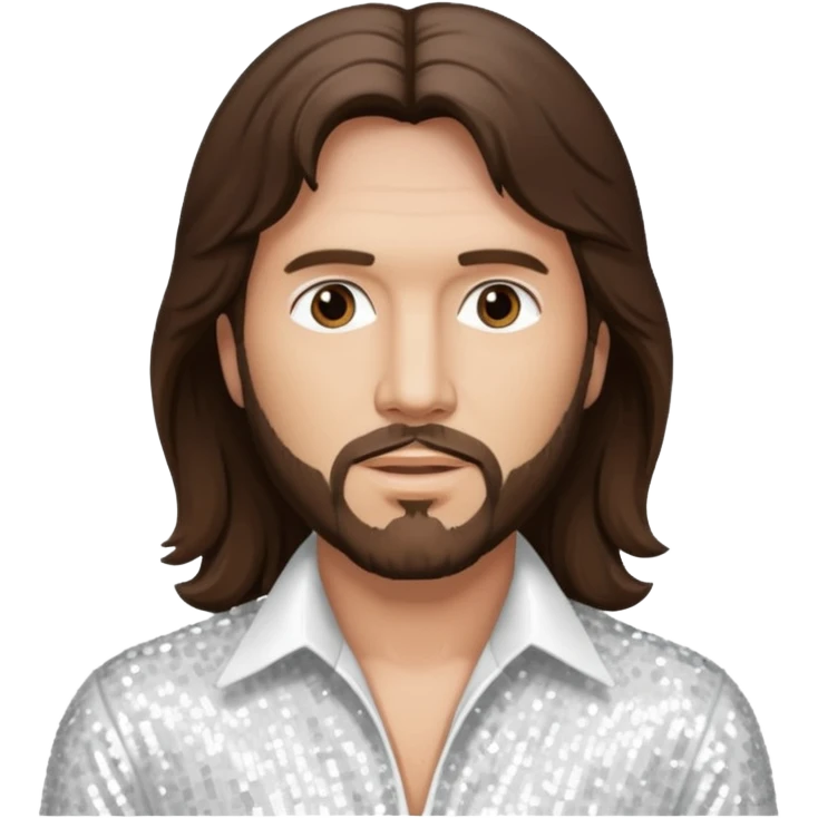 Barry Gibb from Bee Gees with long dark brown hair, white sequin outfit  emoji
