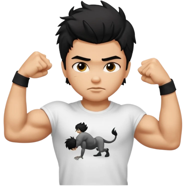 generate a pretty tan bratz boy with black messy hair flexing his biceps. wearing white tshirt emoji