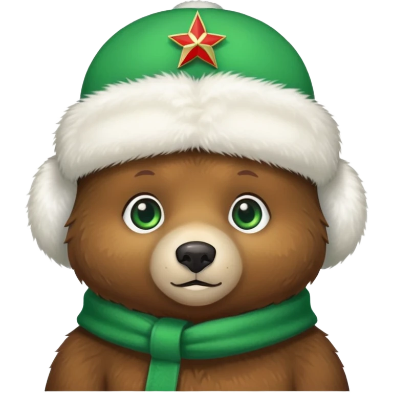Cute brown bear with bright green eyes wearing a white fluffy Russian ushanka hat with clear Russian Federation emblem in the middle, iOS emoji style emoji