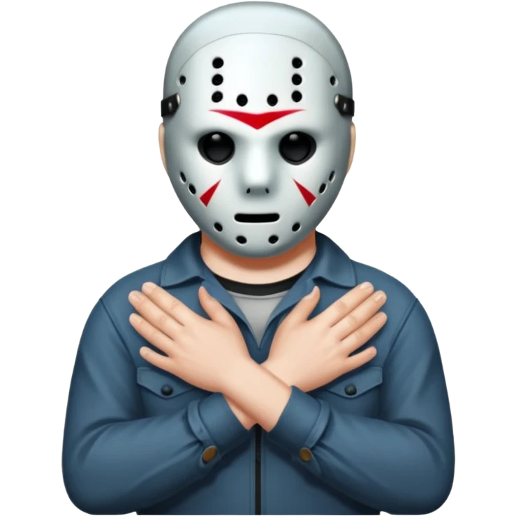 a cartoon image of Jason Voorhees, looking cute, with his hands clasped in front of him, at a sideways angle emoji