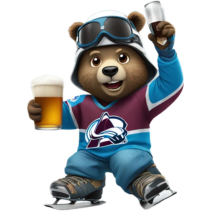 snowboarding bear with helmet and goggles in colorado avalanche jersey doing insane tricks while holding a beer emoji