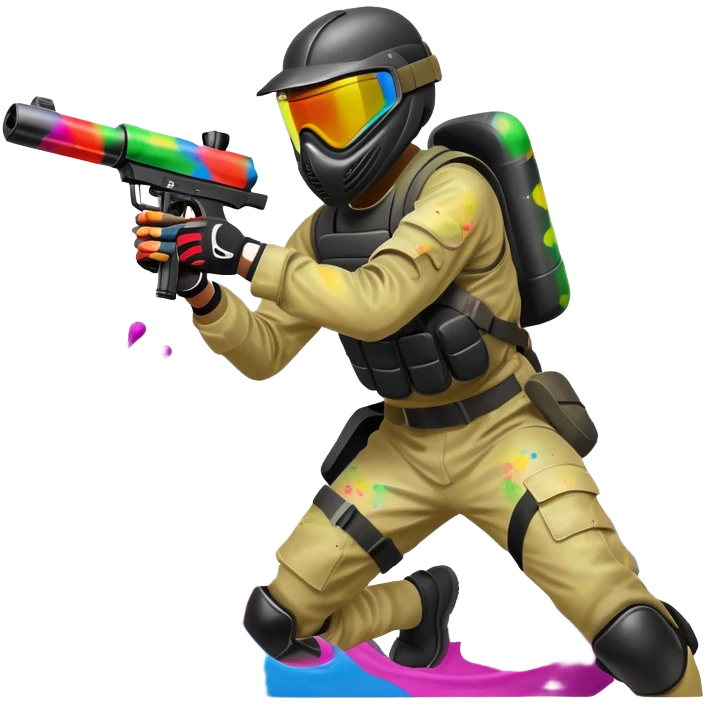 A dynamic scene of a player in action, holding a paintball gun and wearing protective gear. The background shows a vibrant paintball field with obstacles, colorful splatters of paint in the air, and an intense, competitive atmosphere. emoji