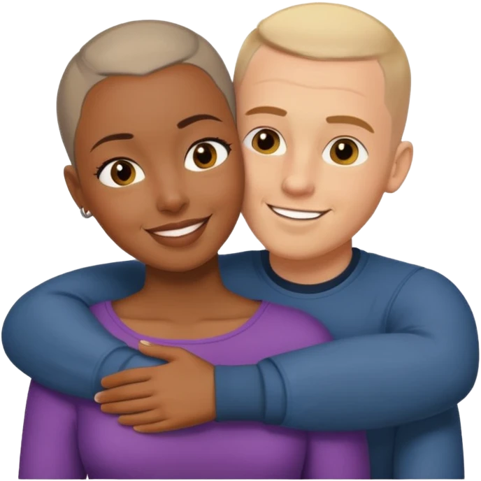 black woman hugging white man with buzz cut.  emoji
