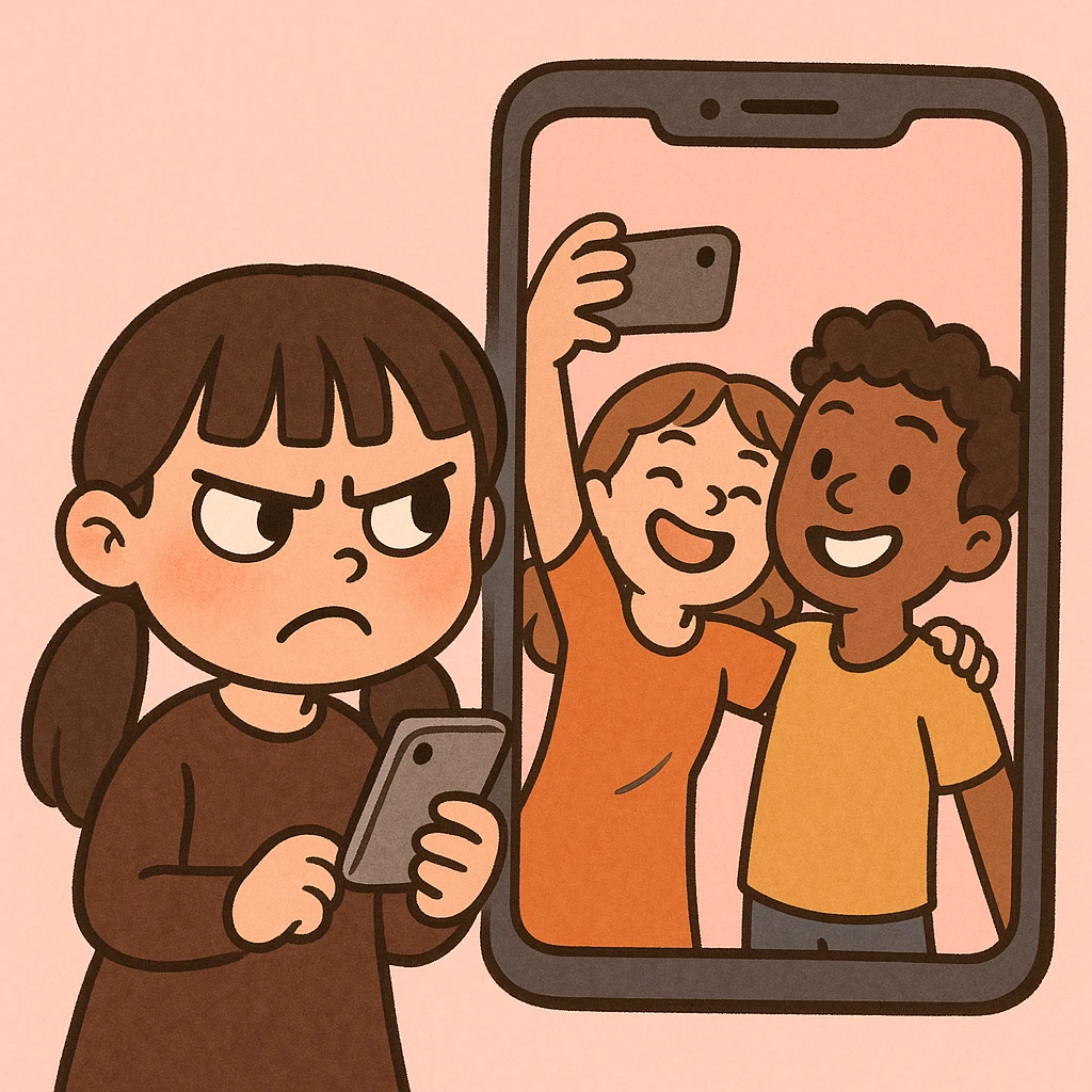 charming cartoon of a girl with long dark hair in low pigtails and blunt bangs, dark brown outfit, holding a phone and frowning angrily; next to her, a big phone screen shows two friends happily taking a selfie; minimal pink background; soft, expressive, and humorous style; focus on jealousy and exclusion emoji