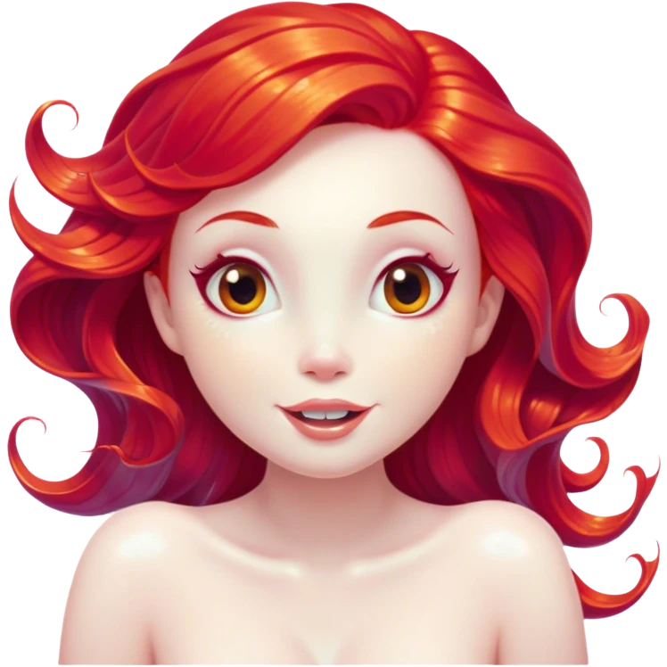Cinematic Realistic Red Hair Mermaid Portrait, head tilted dramatically with an exaggeratedly amused expression, featuring a striking, vibrant form with meticulously detailed, flowing red hair and luminous porcelain skin. Her expressive eyes burst with playful marine mischief, rendered with dynamic underwater lighting and vibrant textures that convey an air of cheeky oceanic whimsy and over‐the‐top mermaid charm. emoji