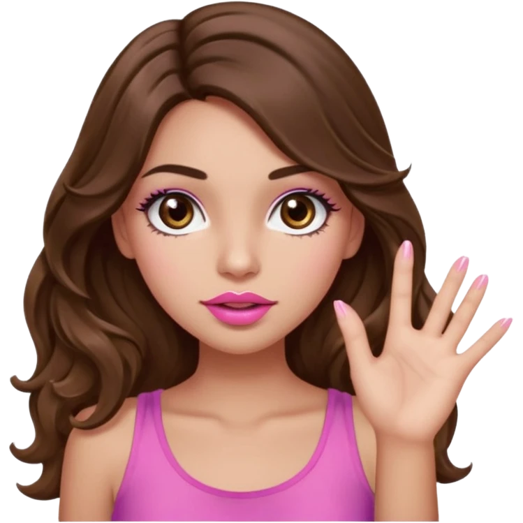 girl with long wavy brown hair, brown eyes, light to medium complexion, in a pink sexy top, pink puckered lips, long lashes, whatever with the hand out emoji