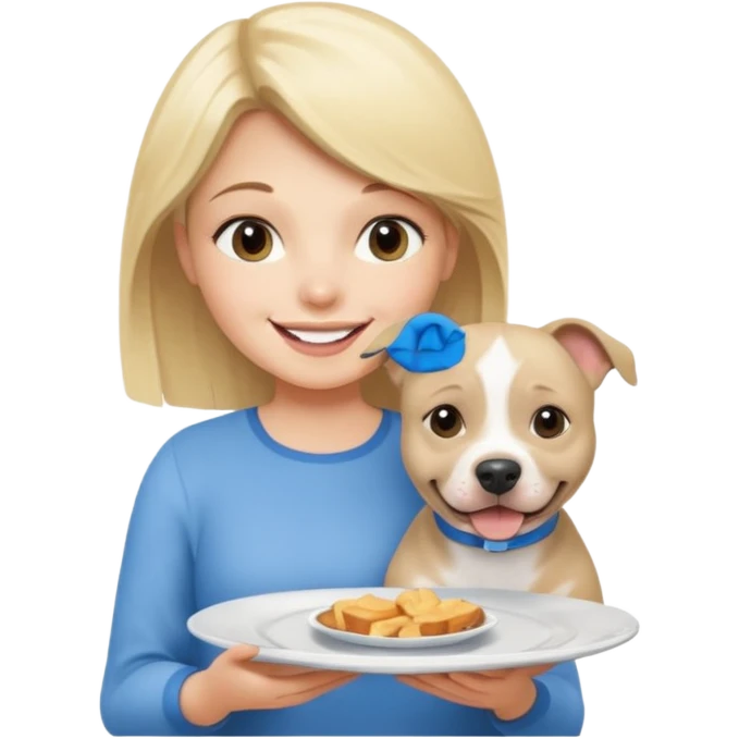 Blonde girl with plate with a blue English staffy emoji