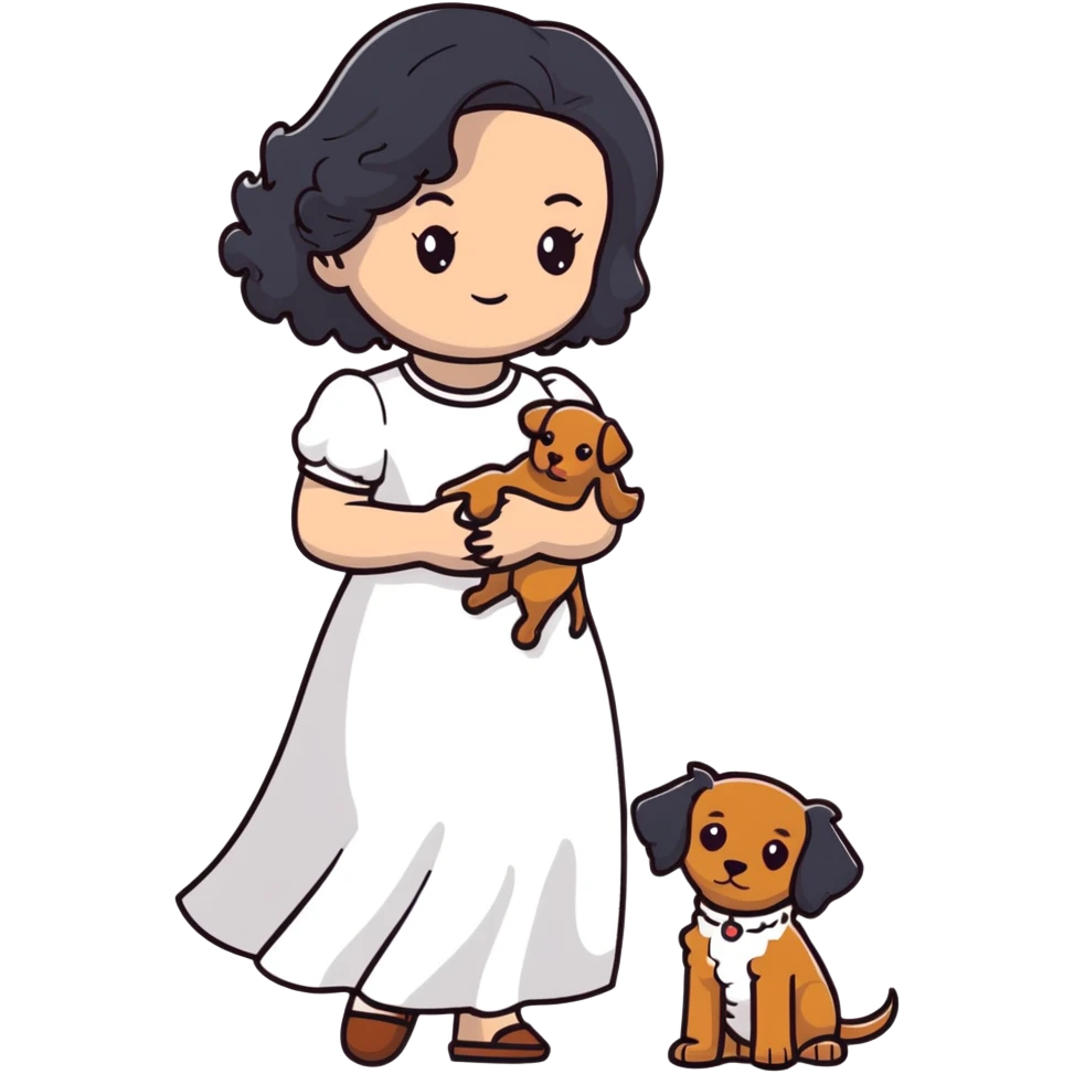 beautiful girl with long black hair in a white dress holding a small brown curly-haired dog emoji