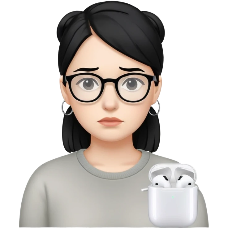 "- Nữ
- 30 tuổi
- Da trắng
- Tóc đen
- Đeo kính, đeo airpod
- Mặt buồn
" emoji