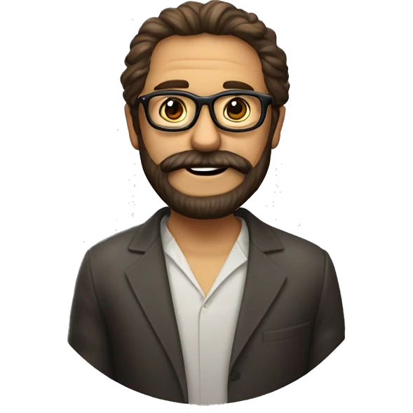 Una foto de un maestro con pelo castaño, gafas redondas, barba castaña y cara finita emoji