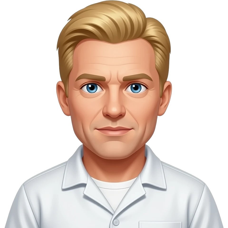 Phillip Morris with blue eyes, strawberry blonde hair, white inmate outfit emoji