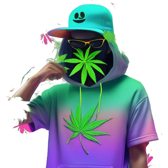 Hemp leaves Multicoloured neon person smoking wearing hoodie dancing hip hop bucket hat tropical Skater fashion aesthetic baggy clothes graphic t shirt 420 emoji