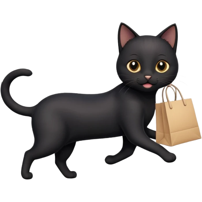 A cute black cat emoji in Apple-style, shown in side view like 🏃, running on four legs with a shopping bag in its mouth. Smooth gradients, soft shading, rounded features, and cheerful mood. emoji