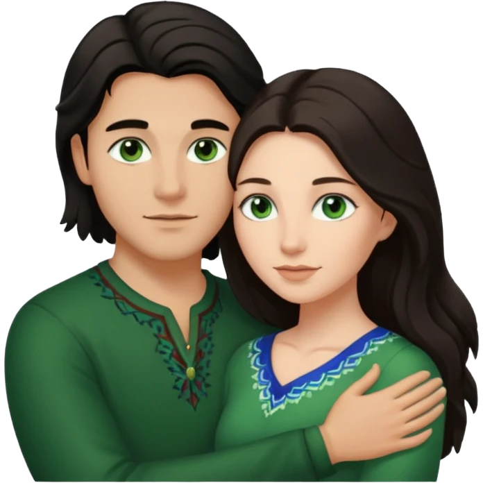 young Métis man and young white woman in a loving embrace, the woman has long dark hair and green eyes emoji