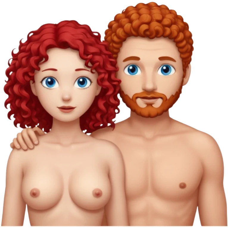 Homme nu cheveux blanc courts, yeux bleu mal rasé + femme nu gros seins rousse cheveux longs bouclés yeux bleu emoji