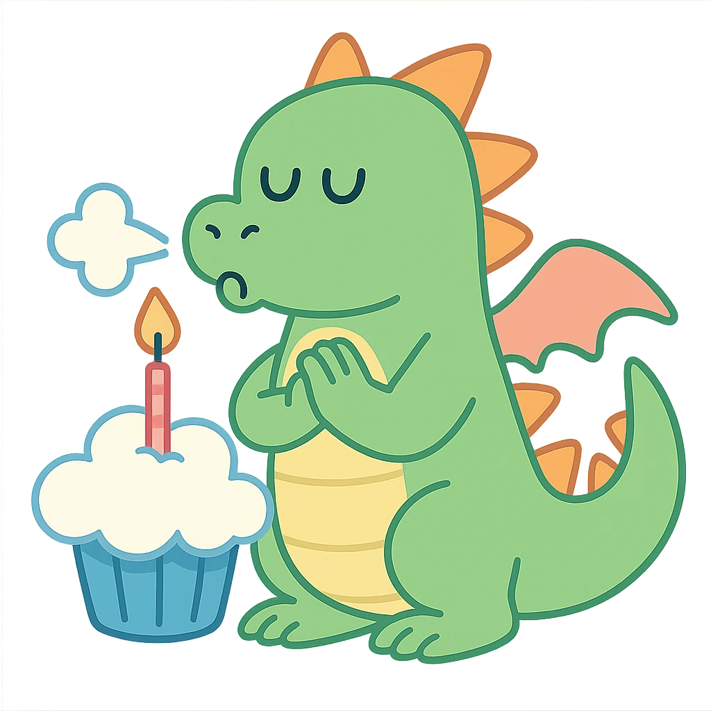 dragon with 1 line smiley eyes, blowing out candles on a cloud cupcake, in a 'making a wish' pose, pastel-toon style emoji