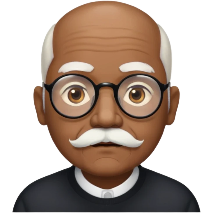 an elderly man with medium-dark skin tone, bald on top with short white hair at the sides, thick white eyebrows, large brown eyes, and wears black-framed glasses.
A small white beard sits above his mouth emoji