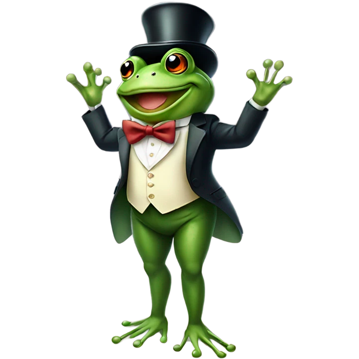 Frog wearing a top hat and bow tie standing on two legs smiling emoji