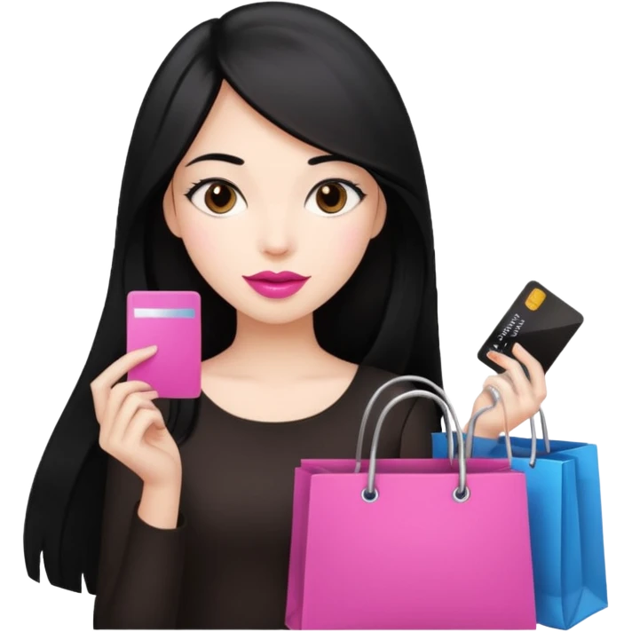 Girl with long black hair and pink lipstick, brown eyes holding shopping bags and credit card emoji