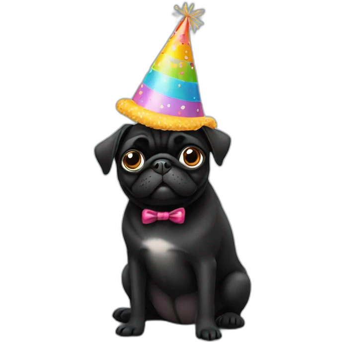 Black pug dog wearing a birthday hat emoji