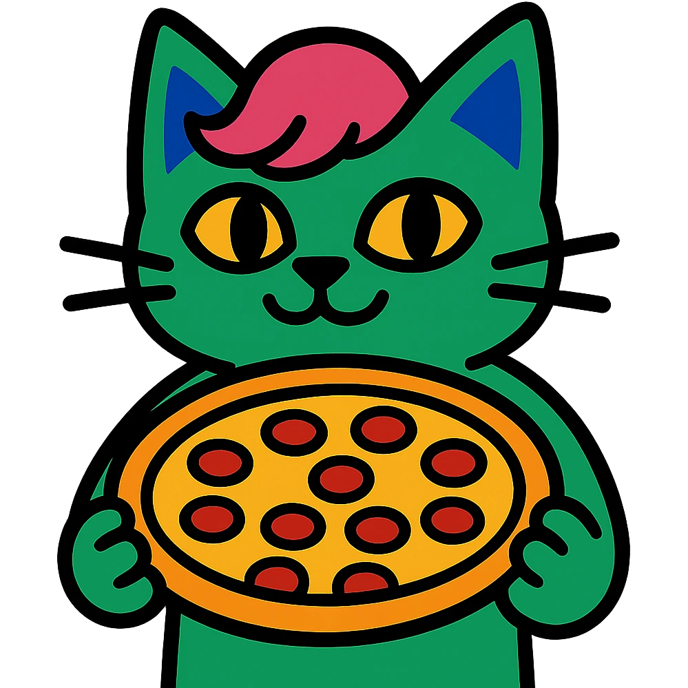 green cat with pink hair and blue ears holding a pizza emoji