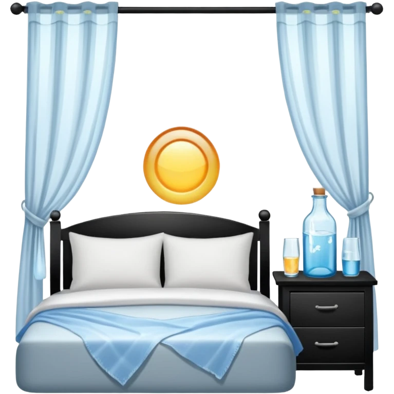 sunlight through curtains, GoCLN bottle and water glass on bedside table emoji