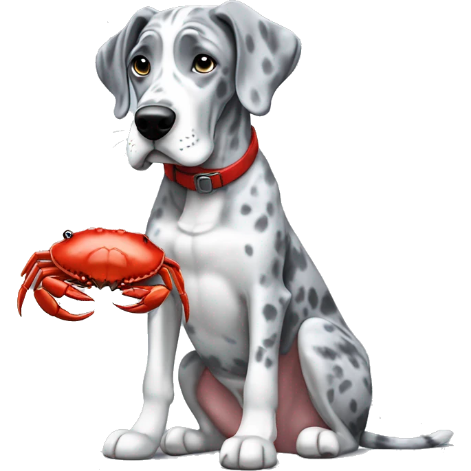 Blue Merle Great Dane eating red crab emoji