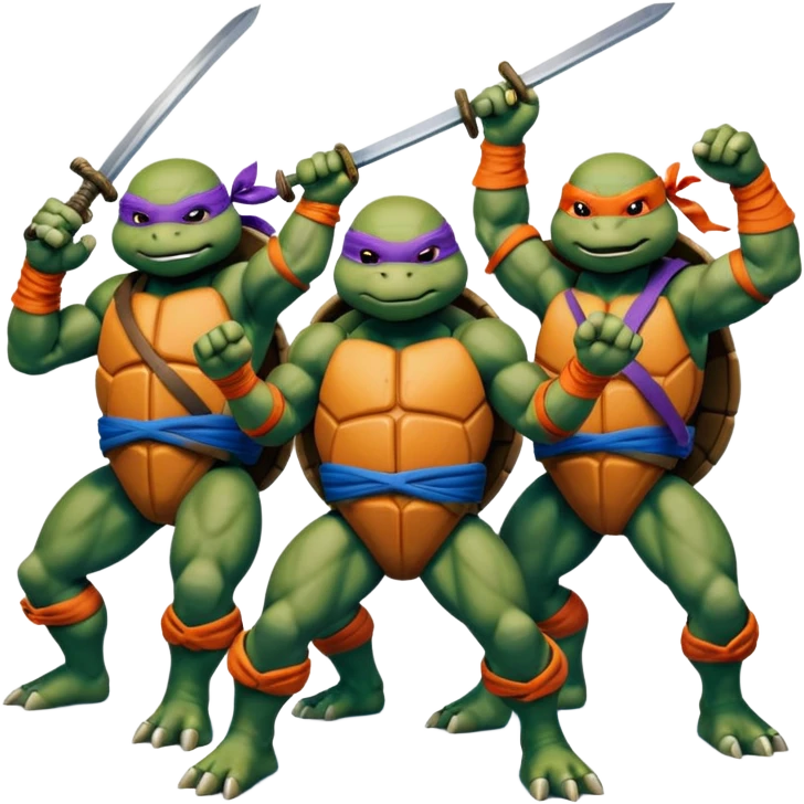 Give me a picture of 4 teenage mutant ninja turtles. Make them hold a fighting pose. One should be red, another orange, another purple, another blue emoji