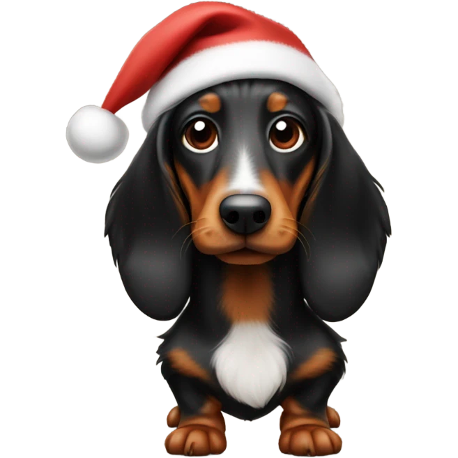 Black and brown long haired wiener dog with Santa hat on emoji