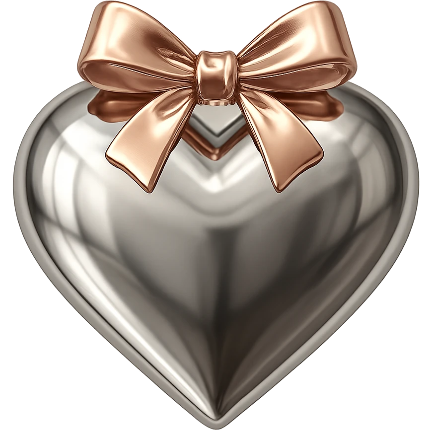 shiny reflective silver heart with a rose gold bow, highly polished, metallic, elegant emoji