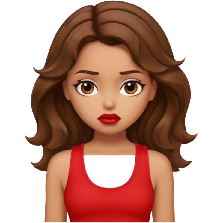 generate a pretty tan bratz girl with brown wavy hair long wearing a red tank top, red lipstick. Looking sad emoji