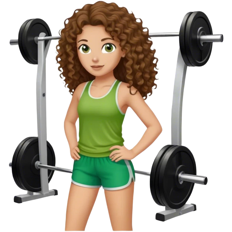 white girl with long brown curly hair in green top and shorts at the gym emoji