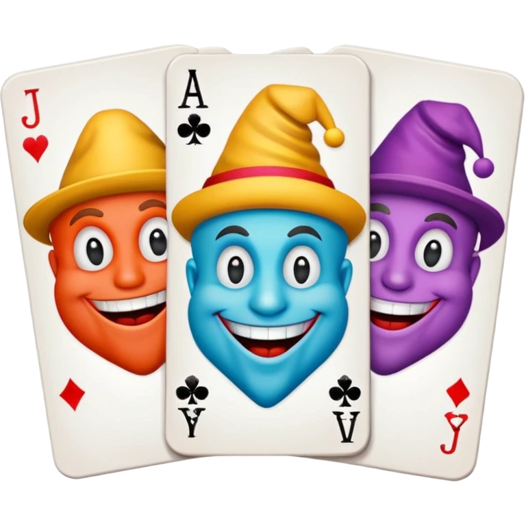 3 poker cards, with crazy colorful human jolly jokers inside emoji