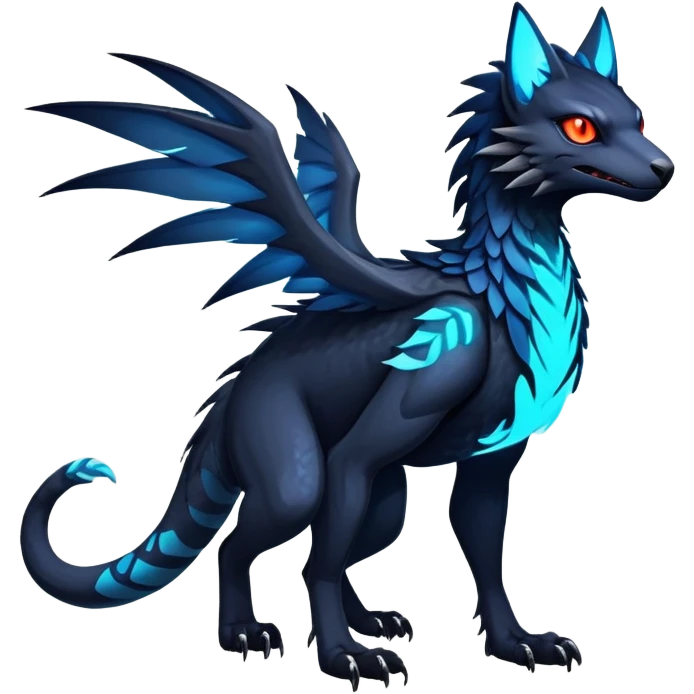 Black Dark Exotic Beaked Feathery Nocturnal Neon-glowing Abyssal Nightly Abyss-Cat-Gryphon-Salandit-Nargacuga-Silvally-Vernid-Sergal-Fakémon-Hybrid-Creature (full body) emoji