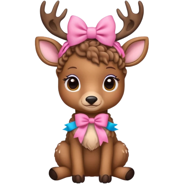 cute deer with curly fur, sitting down, wearing a bow on its head. emoji