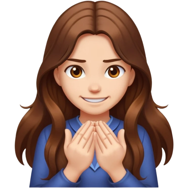 Girl with brown long hair standing backwards and rubbing her hands like she’s excited for something but with an evil grin emoji